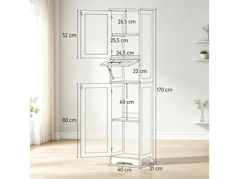  Colonne de salle de bain 2 portes 1 tiroir en mdf et verre blanc 40 x 31 x 170 cm  - Conforama C