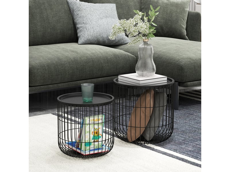  Lot de 2 tables basses gigognes rondes,40x40 cm,style scandinave,acier,noir  - Conforama B