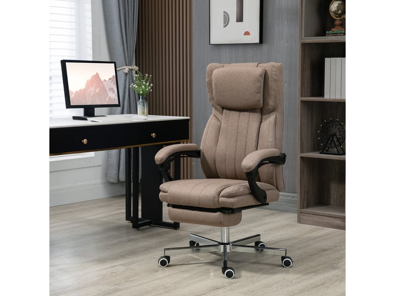  Fauteuil de bureau massant avec repose-pieds et télécommande, revêtement en tissu effet lin, 65 x 61 x 108-118 cm, marron  - Conforama D