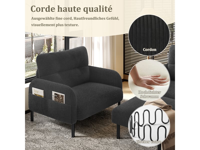  Ensemble salon 3 pièces 120x75x79 cm, 67x75x79 cm et 56x51x39 cm, velours côtelé gris  - Conforama C