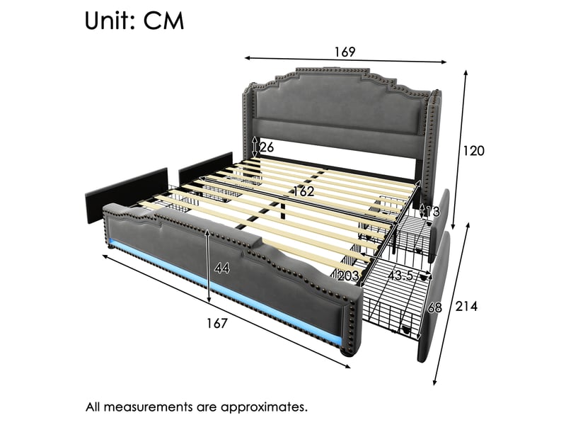  Lit coffre 160 x 200 cm avec matelas, 4 tiroirs, éclairage led et ports usbusb-c, velours gris  - Conforama E
