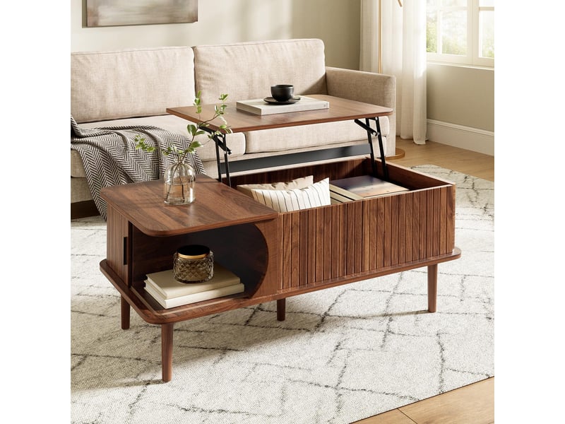  Table basse relevable - 100x48x41cm - plateau élevable rangement caché, porte coulissante rainurée pieds bois - noyer  - Conforama D