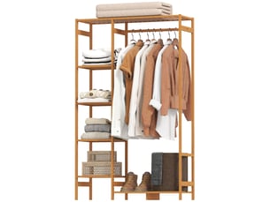 Portant à vêtements en bambou avec étagère de rangement à 6 niveaux et tringle de suspension, bois naturel, 90x30x145cm
