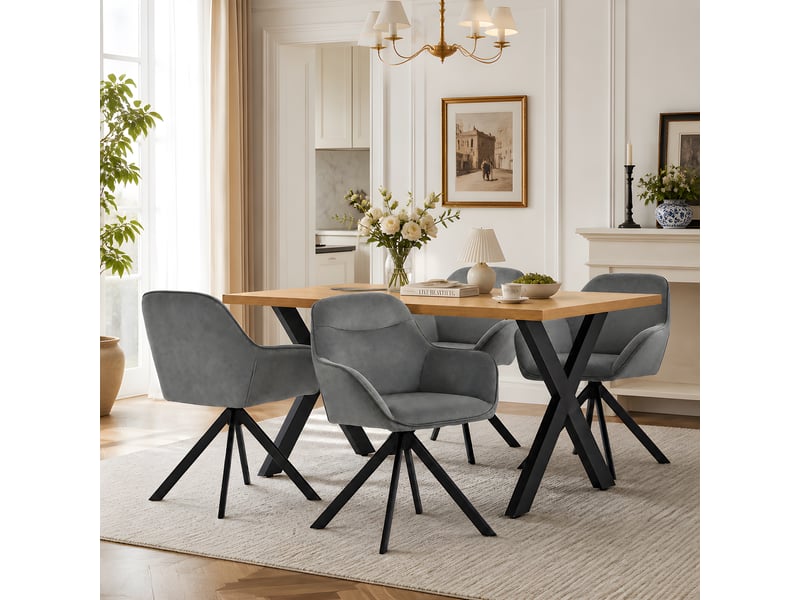  Ensemble table et 4 chaises - table rectangulaire 160x80 cm monobloc en chêne sauvage et pieds métal, 4 chaises en velours gris foncé et pieds métal  - Conforama B