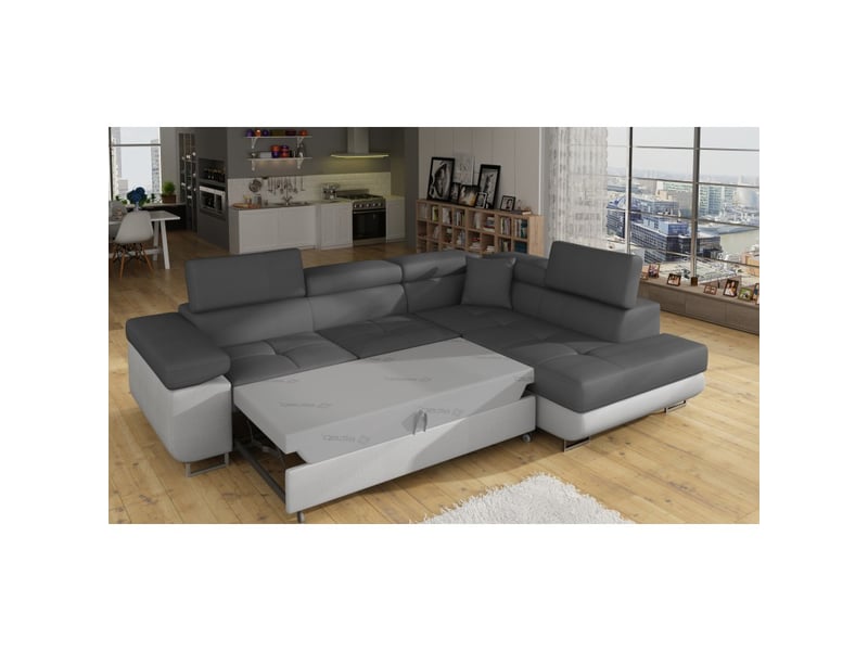  Canapé d'angle convertible menton gris et blanc – angle droit avec coffre  - Conforama D