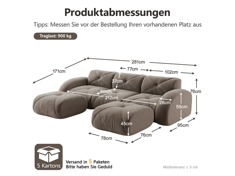 Canapé d'angle, canapé modulable, 3 places, taupe, base antidérapante, sans cadre, sans montage, forme u, en tissu - Conforama D