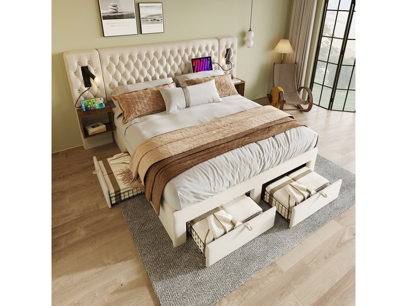  Lit double 180 x 200 cm beige en velours avec 2 chevets, 4 tiroirs, liseuses et ports usbtype-c  - Conforama D