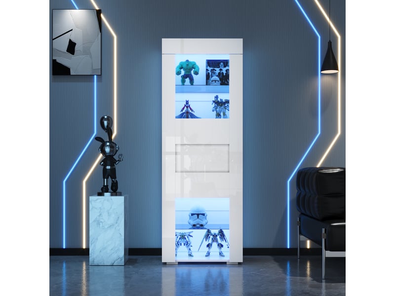  Vitrine haut 170 cm et meuble de rangement avec led portes en acrylique, 2 étagères verre brillant, 60 × 40 × 170 cm, blanc, avec rangement modulable CARDUME ESTIVAL - Conforama D
