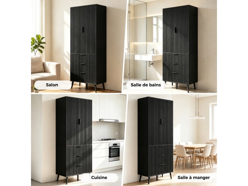  Meuble de cuisine muvano, armoire de cuisine haute noire en mdf, 2 portes et 3 tiroirs, 75 × 35 × 180 cm  - Conforama D