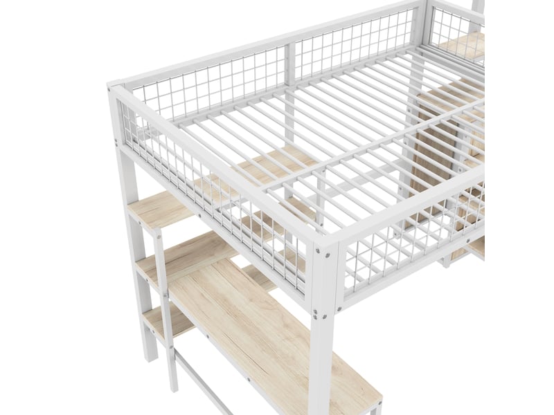  Lit mezzanine métal blanc 140x200 cm avec bureau intégré, étagères et rangement – sans matelas  - Conforama D