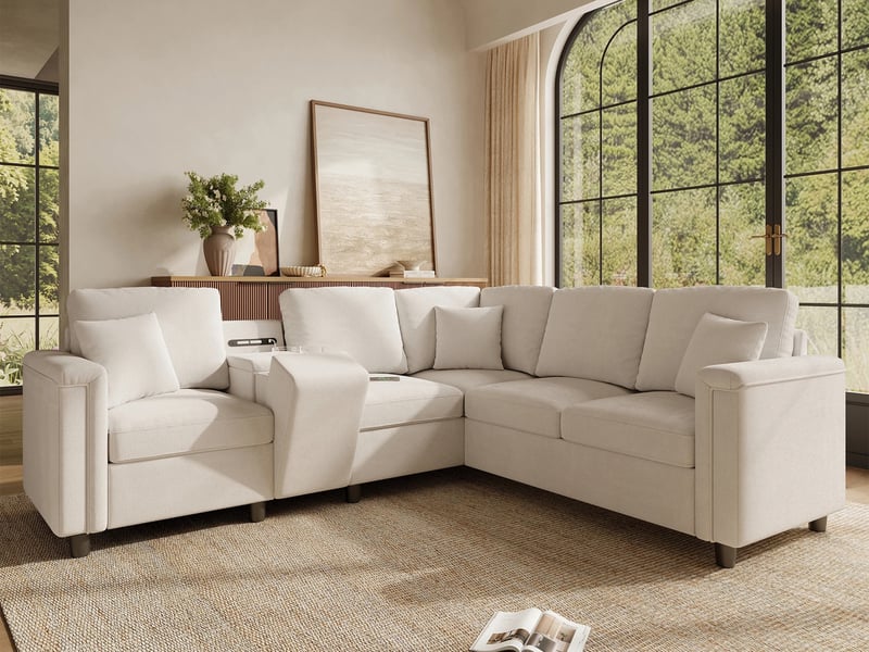  Canapé d'angle modulaire,5 places, avec  porte-gobelets, ports de charge usbtype-c,235 × 208 × 83 cm,beige  - Conforama B