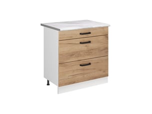 Vicco meuble cuisine, chêne doréblanc, 80cm avec 3 tiroirs plan de travail marbre