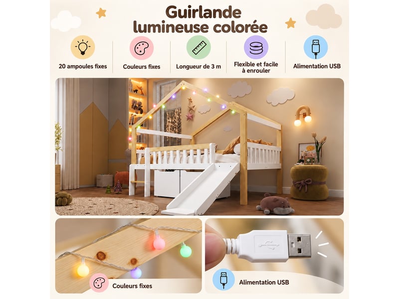  Lit surélevé enfant 120 x 200 cm en bois avec toboggan réversible, échelle, 2 tiroirs et barrières, blanc et naturel  - Conforama E