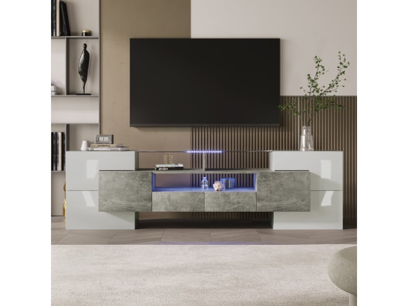  Meuble tvmeuble bas élégant, blanc brillant, 200 cm, éclairage led, mobilier de salon, design moderne. Plateau en verre raffiné  - Conforama B