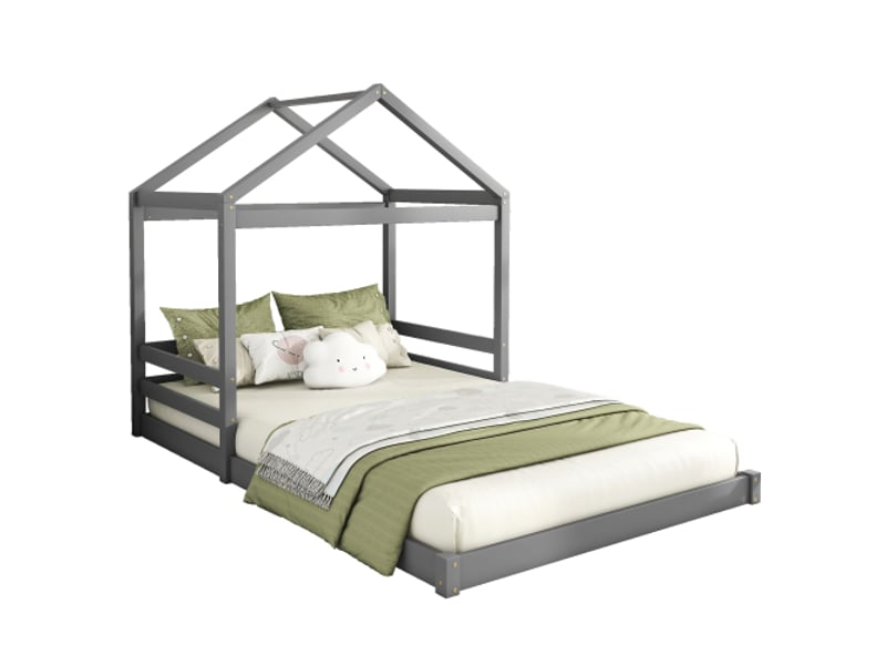  Lit enfant 140x200 cm, en forme de maison et avec lattes, en bois, gris, sans matelas  - Conforama A