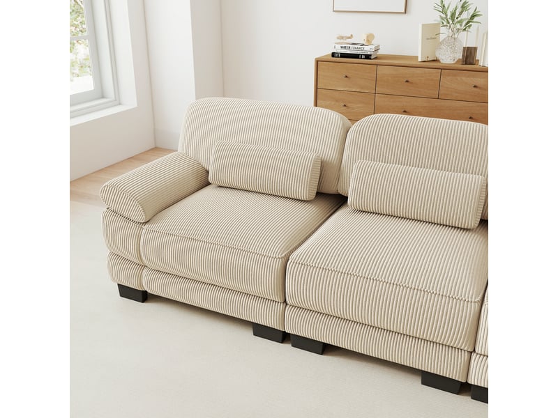 Canapé modulable 4 places en u beige avec deux poufs, canapé en velours côtelé à assise profonde pour salon - Conforama E