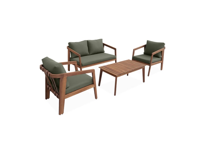 Salon de jardin kaki foncé 4 places loberia. Bois d'acacia dossier avec lanières effet cuir  - Conforama A