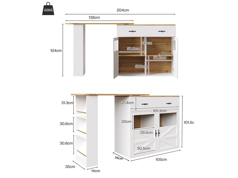  Table de bar extensible 138-204 x 39 x 104 cm blanche en mdf, pivotante avec rangements pour repas et bureau  - Conforama C