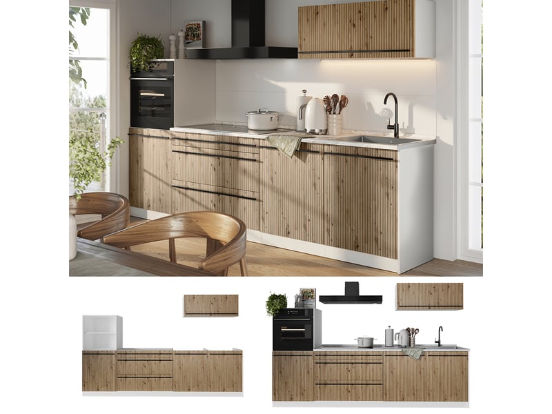  Vicco cuisine, chêne artisanblanc, 280cm plan de travail chêne doré  - Conforama D