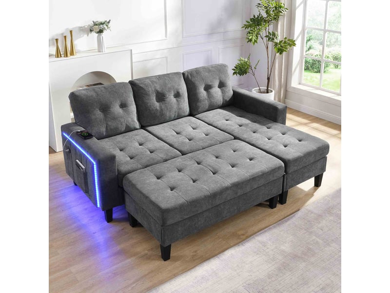  Canapé d’angle modulable 3 places 185x135x85 cm avec méridienne, pouf coffre mobile, éclairage led, canapé convertible port usb et rangement - gris  - Conforama B