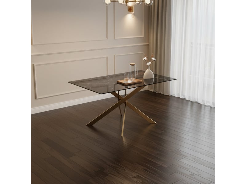Table repas jessica gold et plateau en verre 150 cm 4 à 6 couverts - effet marbré noir  - Conforama D