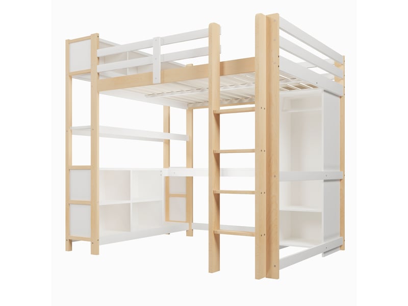  Lit mezzanine avec bureau, armoire, étagères et rangements, naturel, 140x200 cm  - Conforama E