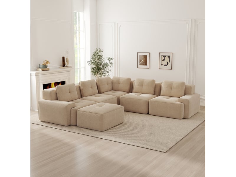  Canapé d’angle modulable 5 places en velours côtelé beige 295x295 cm  - Conforama E
