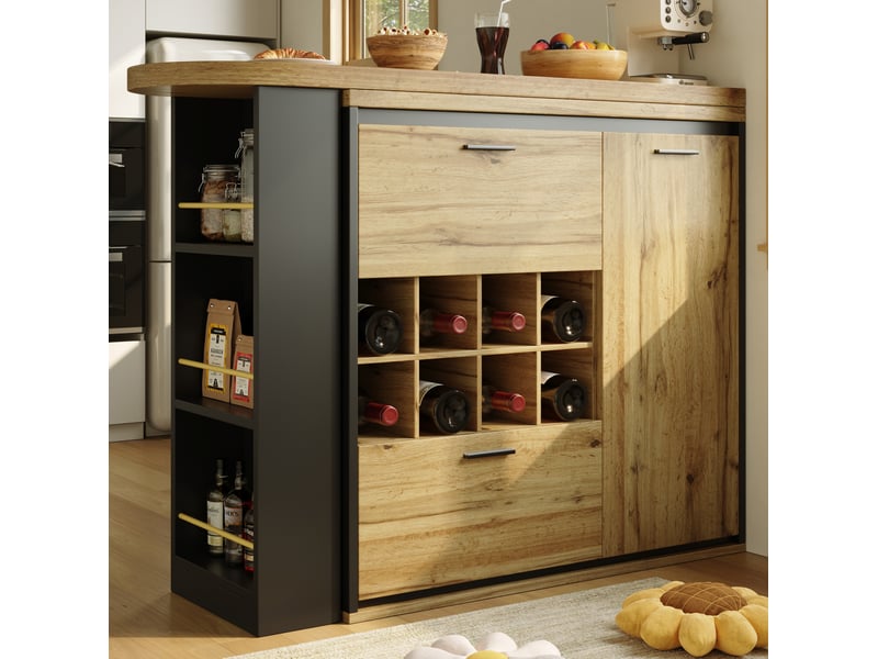  Bar extensible 138-220 x 39 x 105 cm, rangement intégré 2 tiroirs + casier vin, plateau effet bois mdf et métal, bois  - Conforama E
