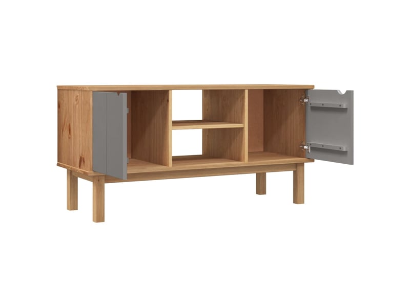  Meuble tv - banc tv - meuble de rangement - marron et gris 113,5x43x57 cm bois massif pin fr10001  - Conforama D