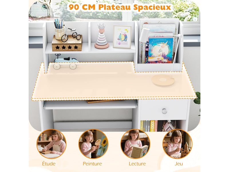 3 en 1 bureau enfant 90 x 45 x 90cm avec rangement, 1 tiroir 2 étagères, table enfant en bois avec plateau à clavier, blanc  - Conforama E