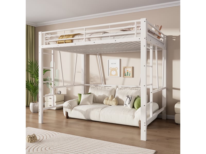  Lit mezzanine 140x200 cm coloris blanc, lit superposé enfant avec double échelle, lit en hauteur métal, sans matelas  - Conforama W