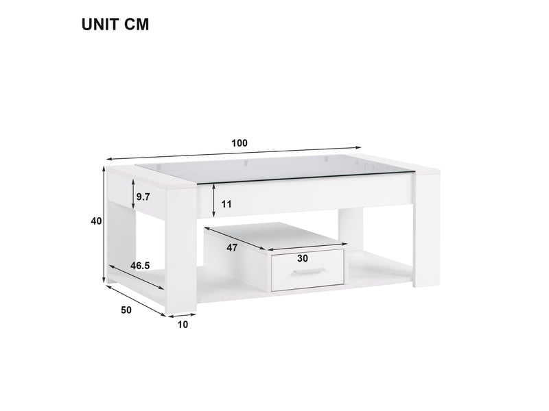  Table basse rectangulaire avec 2 tiroirs, 1 espace ouvert et plateau en verre, pour salon, 100 × 50 × 40 cm  - Conforama D