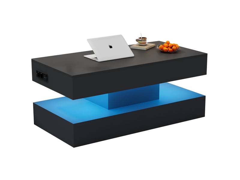  Table basse 100x50x42 cm relevable avec led bluetooth et rangement caché, noire  - Conforama A