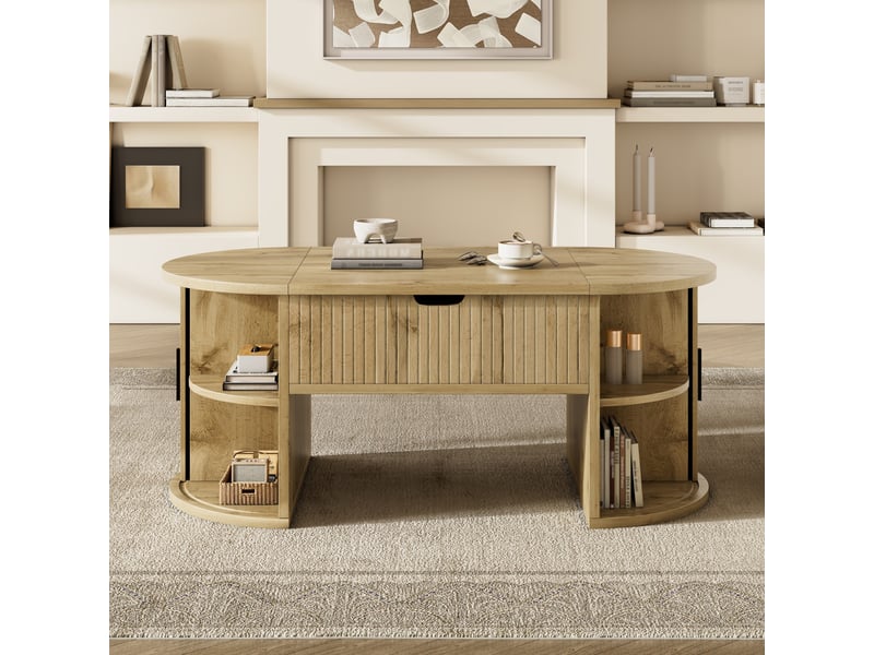  Table basse relevable - 100x50x40.5cm - table basse avec plateau relevable, coffre caché &amp; 2 portes coulissantes - bois naturel  - Conforama D
