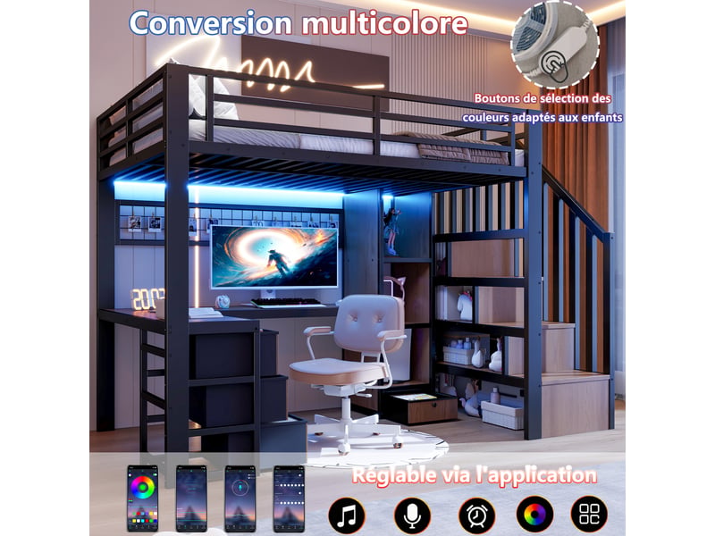  Lit mezzanine enfant 90x200 cm avec bureau, escalier avec rangement, 4 tiroirs, led, cadre métallique et mdf, noir Radiant Stride - Conforama E