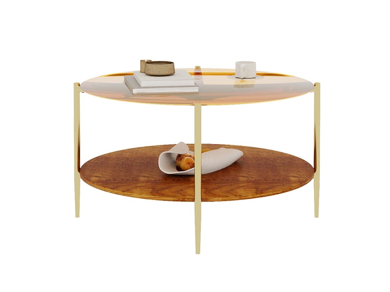 Table basse ronde 82 cm en verre trempé doré et bois - Conforama A