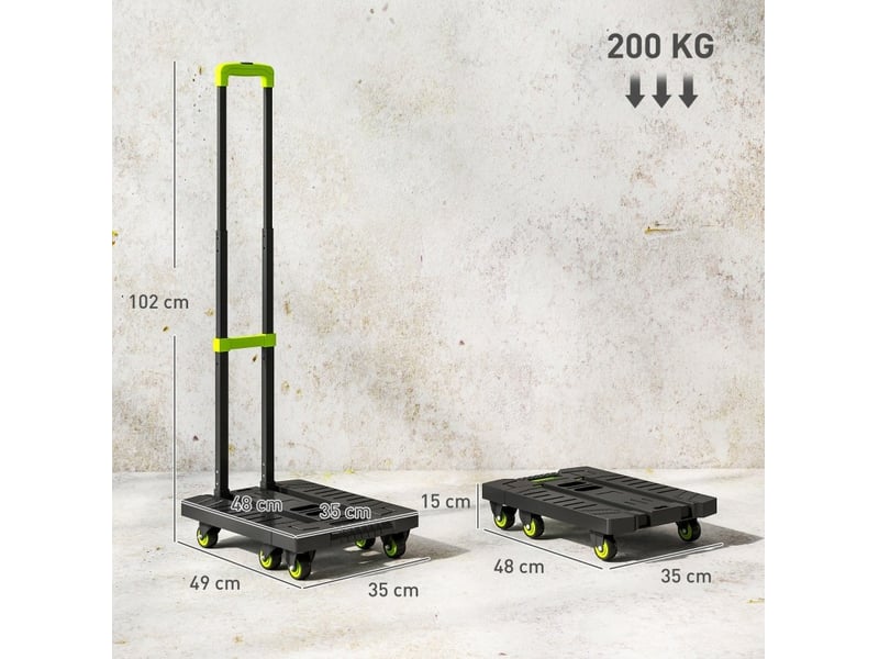  Chariot de transport pliable 49 x 35 x 102 cm vert et noir en métal, plateforme extensible jusqu'à 62,5 cm  - Conforama C