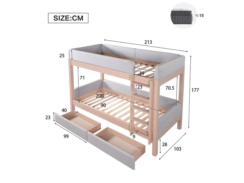  Lit superposé enfant 90x200 cm – gris et naturel – 2 tiroirs intégrés, escalier 4 marches, sans matelas  - Conforama C