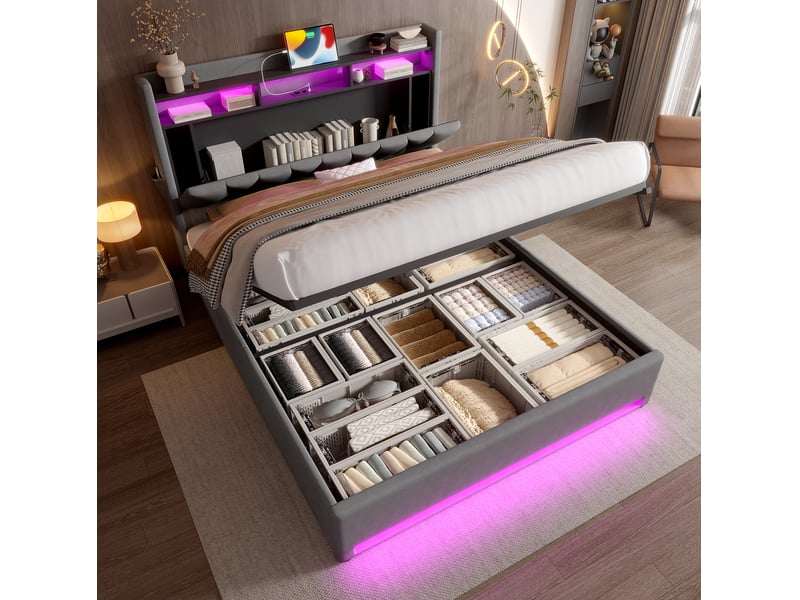Cadre de lit 160 x 200 cm en velours gris foncé avec led, rangements, usb et type-c - Conforama D