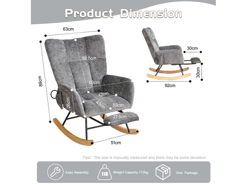  Chaise à bascule 63x92x89 cm dossier haut chenille gris foncé  - Conforama C