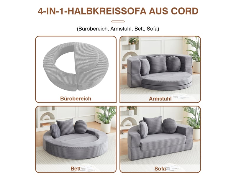 Canapé convertible 4-en-1 en velours côtelé, demi-lune ou lit rond, 3 coussins inclus, sans montage, design compact - Conforama D