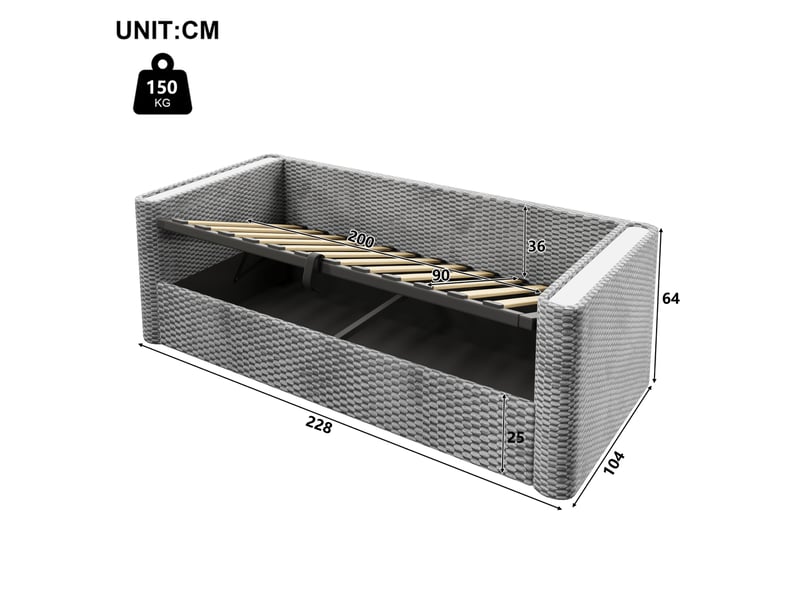  Lit simple 90x200 cm avec rangement hydraulique et led multicolore en velours et mdf gris  - Conforama E