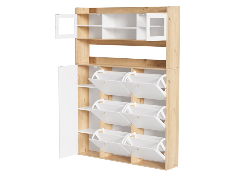  Meuble à chaussures avec led et vitrine – 130 x 25 x 180 cm – 6 abattants modulables et 1 porte verre – mdf - blanc et naturel  - Conforama A