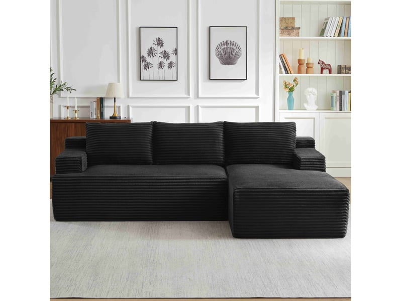  Canapé d’angle 4 places noir en velours côtelé, style nuage avec méridienne gauche, modulable et convertible  - Conforama D