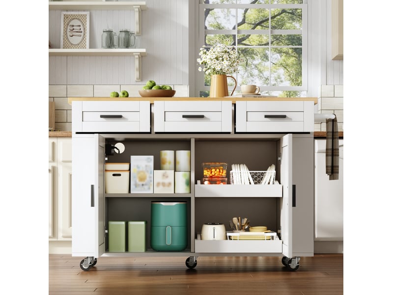  Îlot de cuisine mobile 120x70x84 cm avec plateau rabattable et rangements, blanc et naturel  - Conforama D