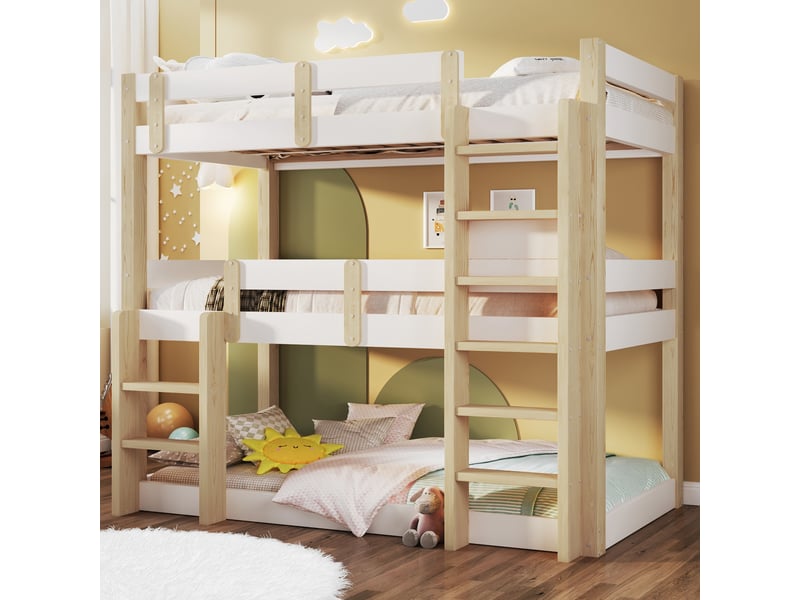 Lit superposé triple enfant 90x190 cm, cadre en pin avec barrières, deux échelles et sommiers, blanc et naturel - Conforama D