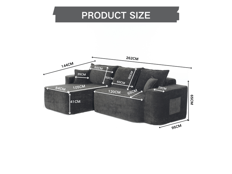  Canapé d'angle modulable 3 places sans montage, assise profonde, 2 éléments, poche latérale, canapé lounge en chenille noir Seren Glow - Conforama C