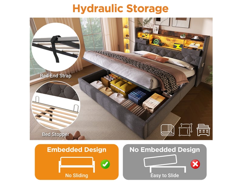  Lit coffre 160 × 200 cm 2 places avec led, usb, type-c, rangement hydraulique, matelas inclus, tissu gris  - Conforama E