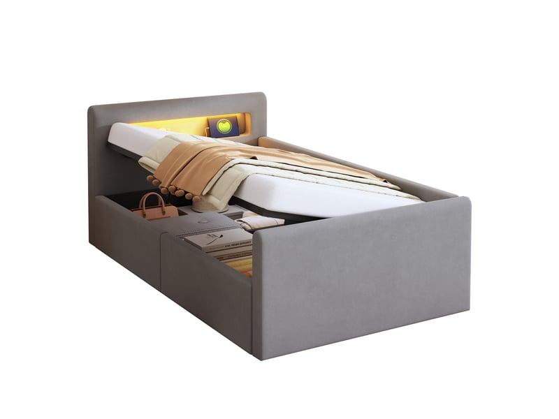  Lit coffre enfant 90x200 cm, led, port usb, espace de rangement, sommier, velours gris clair, sans matelas  - Conforama A
