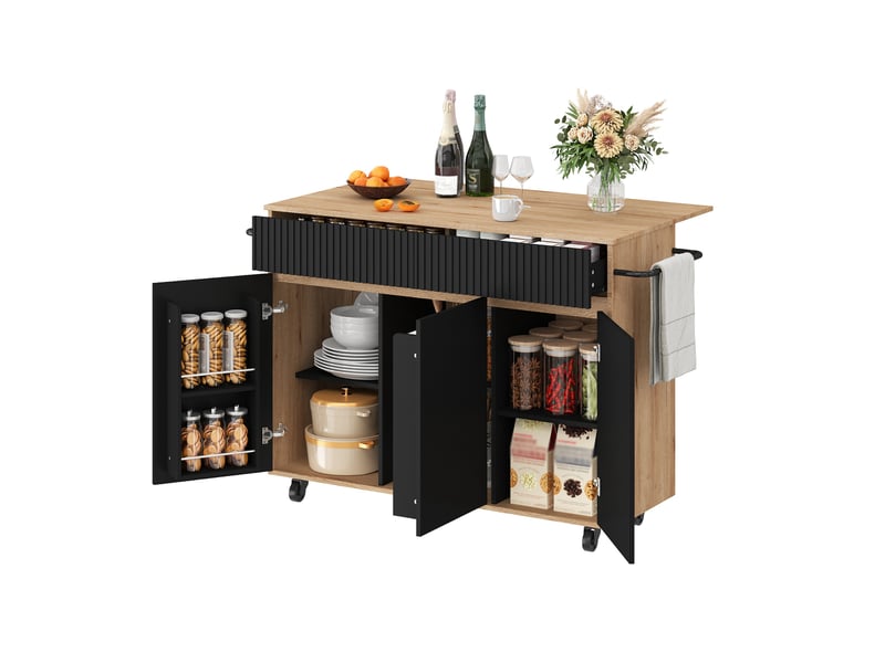  Îlot de cuisine mobile avec plateau rabattable, desserte noire et naturelle 120 x 65 x 91 cm  - Conforama A